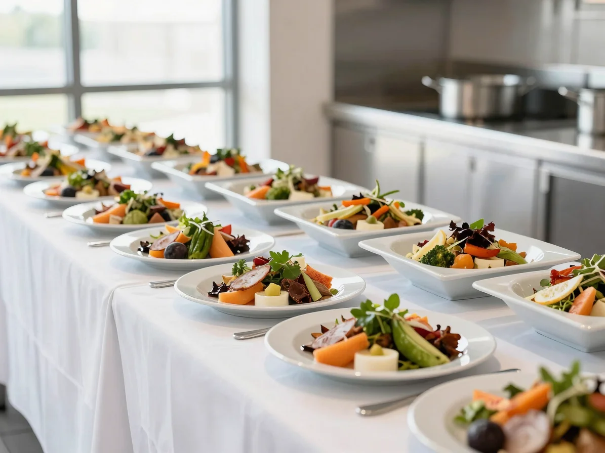 Elegant corporate catering buffet setup with fresh, artfully plat