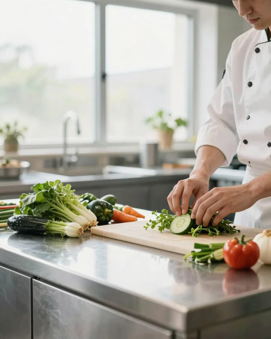 Wide shot of a chef meticulously preparing fresh organic vegetabl